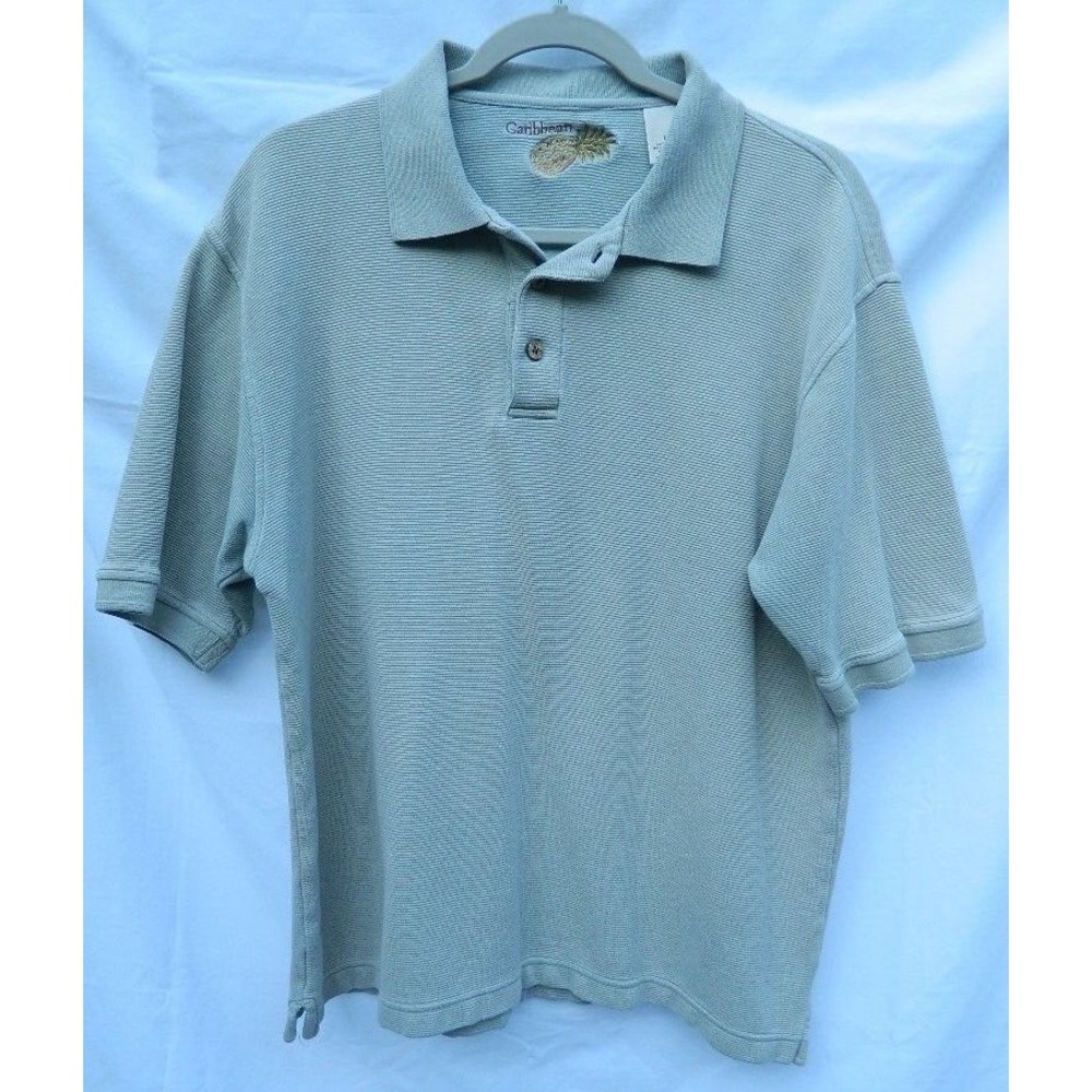 Carribean Polo Shirt Men's Large Green Stripe Short Sleeve 3 Button